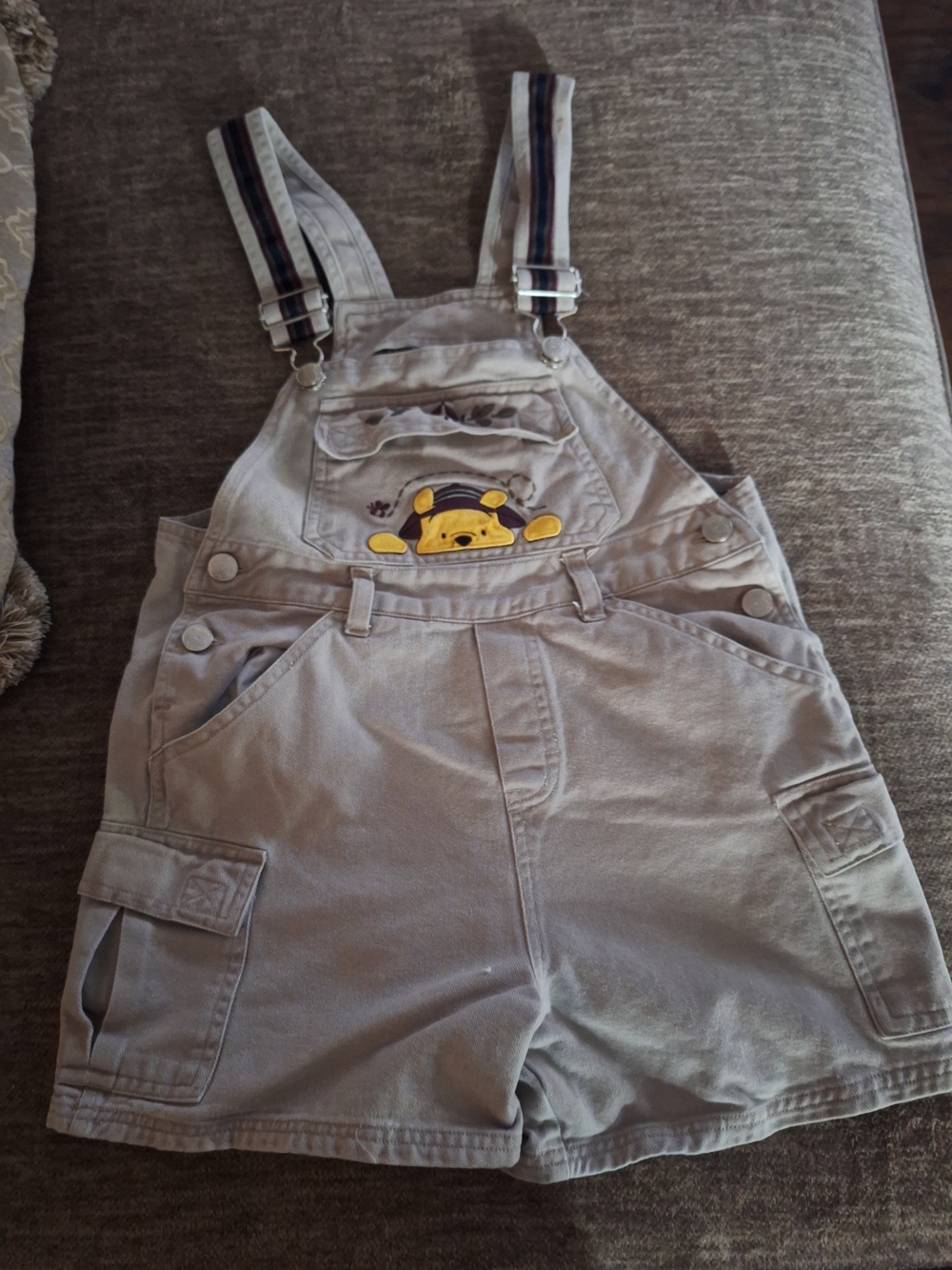 Disneys Pooh Toddler Overalls Shorts with Yellow Bear Patch And Cargo Pockets.